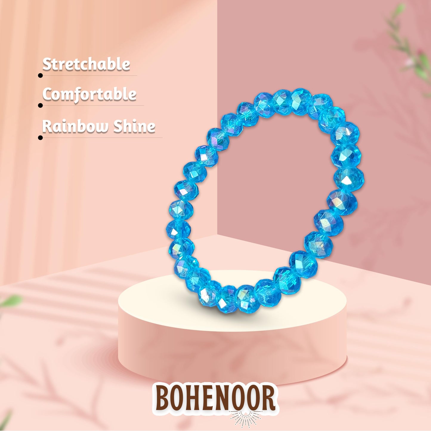 Multicolour and rainbow glass and elastic bracelet keeps festive outfits visually clean while adding neat decorative finish, useful in casual accessory looks and everyday styling.