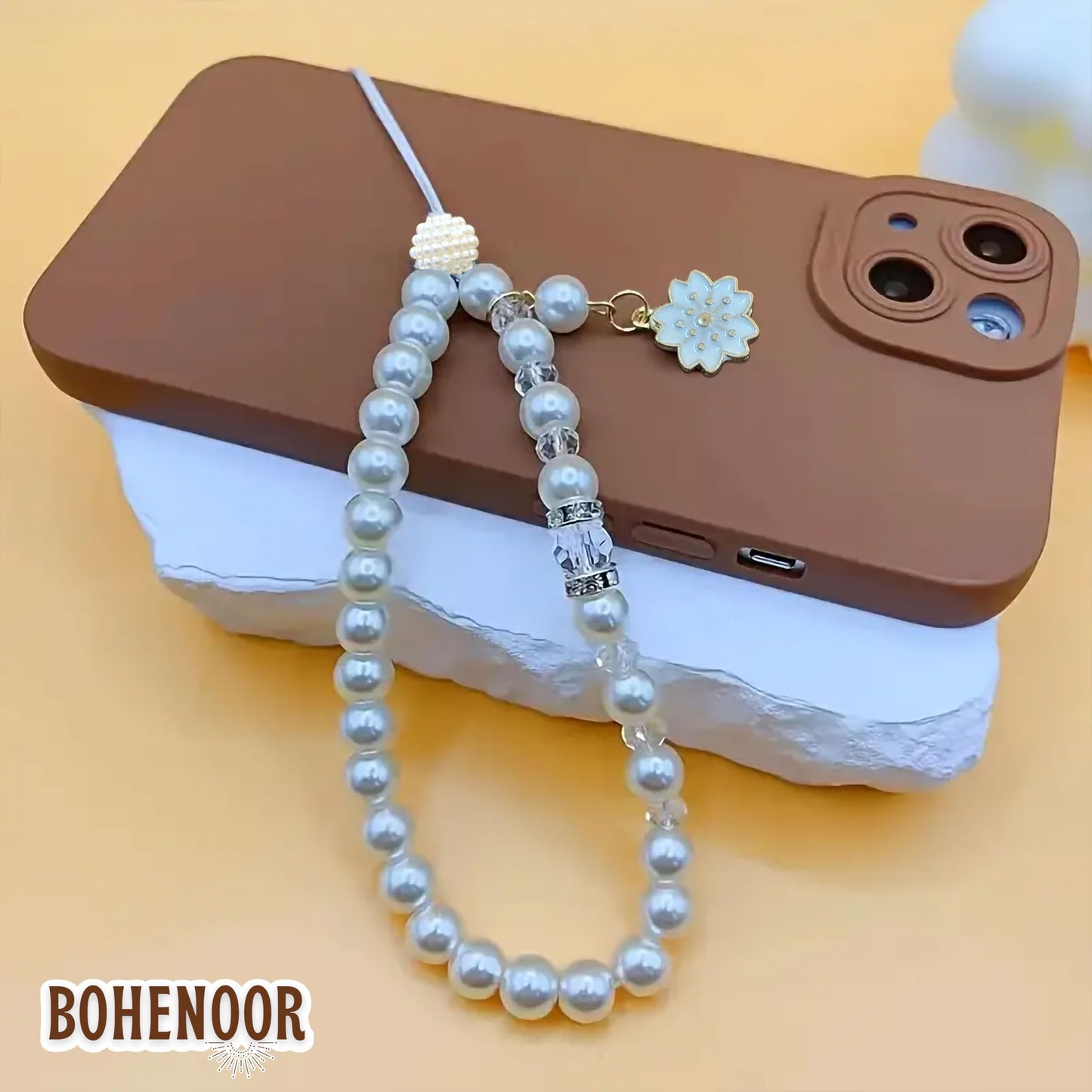 White Cell Phone Mobile Strap with Crystal Beads. Additional close-up image highlighting material texture and color variety.