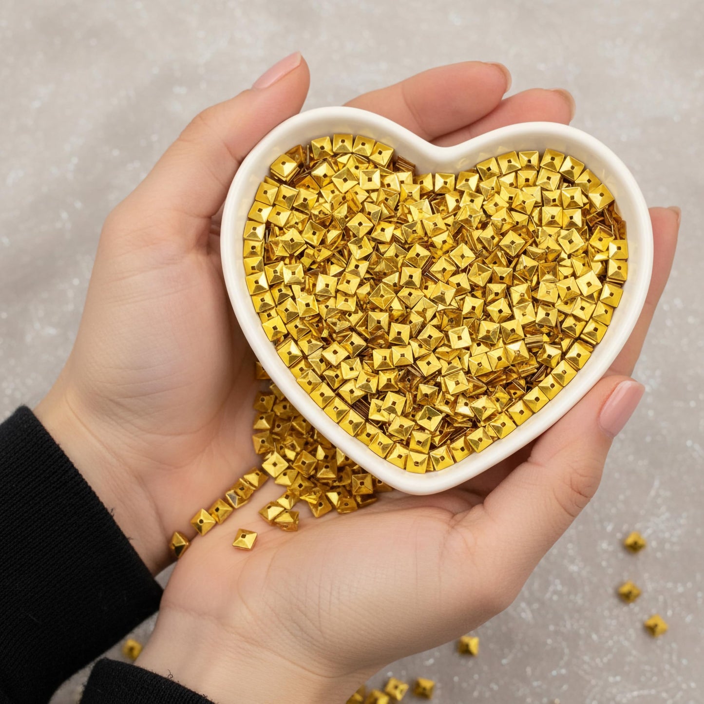 Build boutique craft projects and aari embroidery around metallic gold pyramid embroidery sequins.