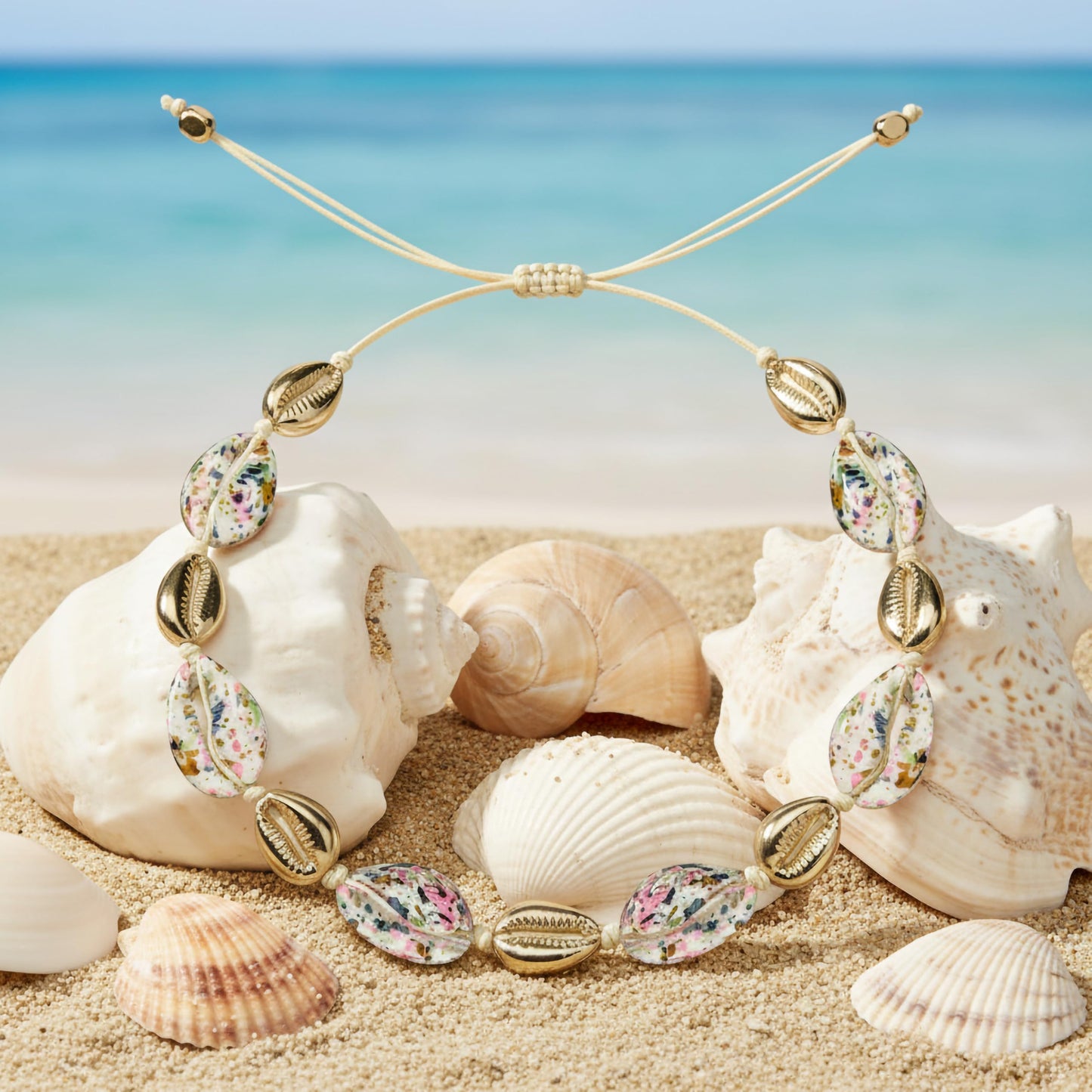 Handmade beach bracelet with gold shells and colorful accents