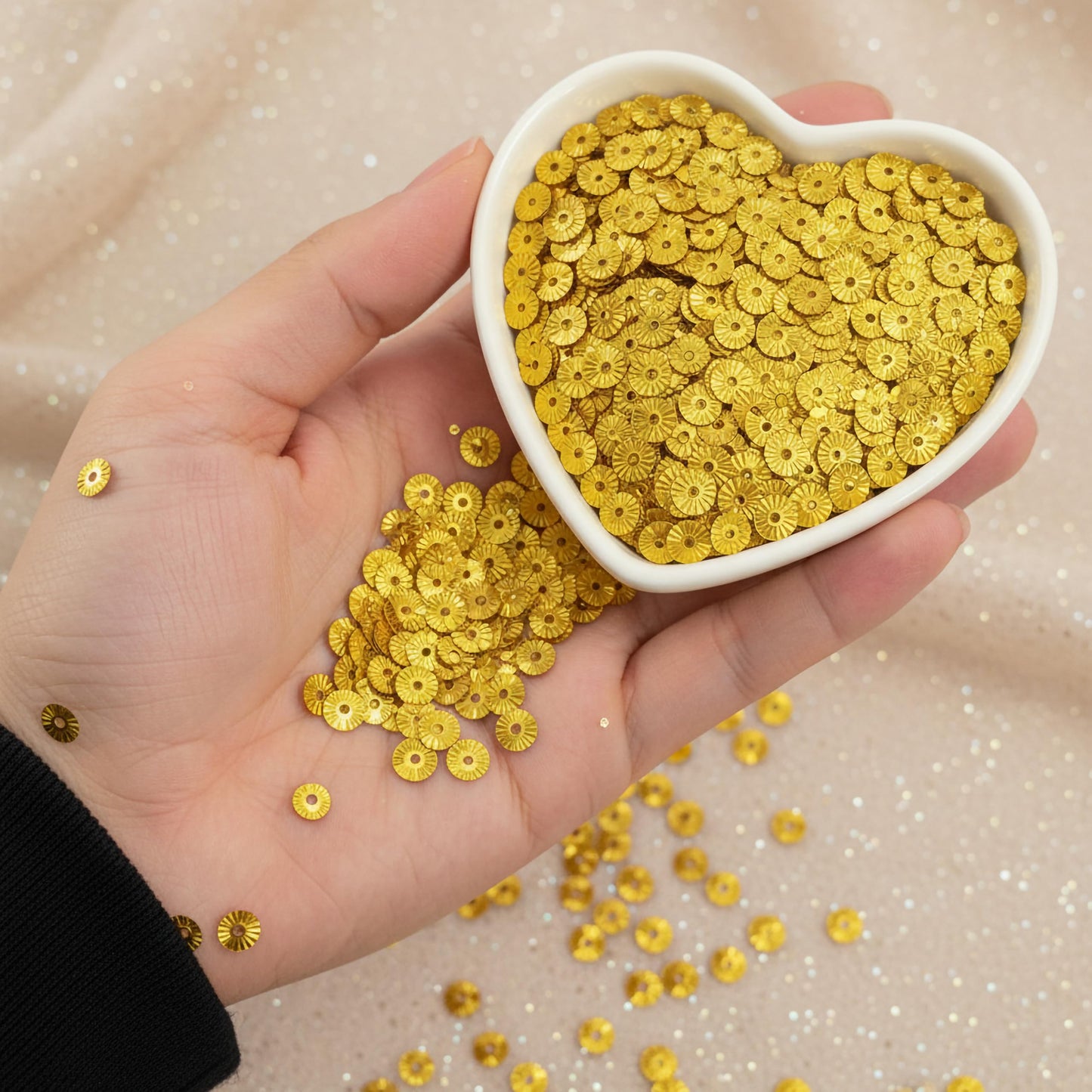 Show a clean craft look in boutique craft projects with metallic gold dress craft sequins for aari embroidery.