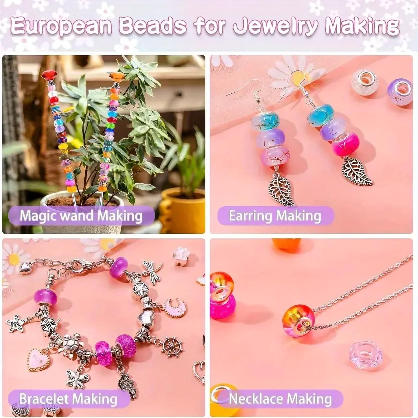 Multicolor European Craft Beads with Chain Cord Acrylic. Additional close-up image highlighting material texture and color variety.