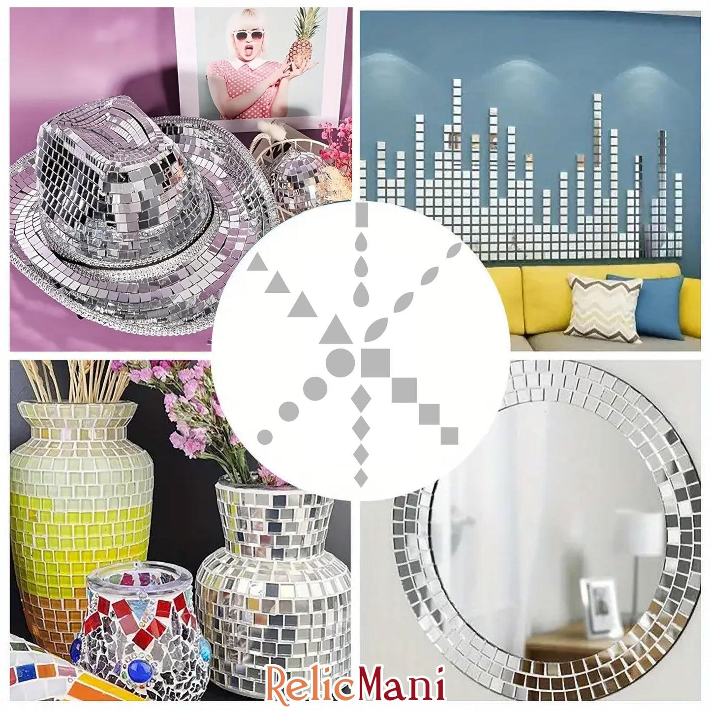 Mirror shine makes silver glass and mirror Lippan art glass pieces stand out in Lippan art, mandala craft and mirror work.