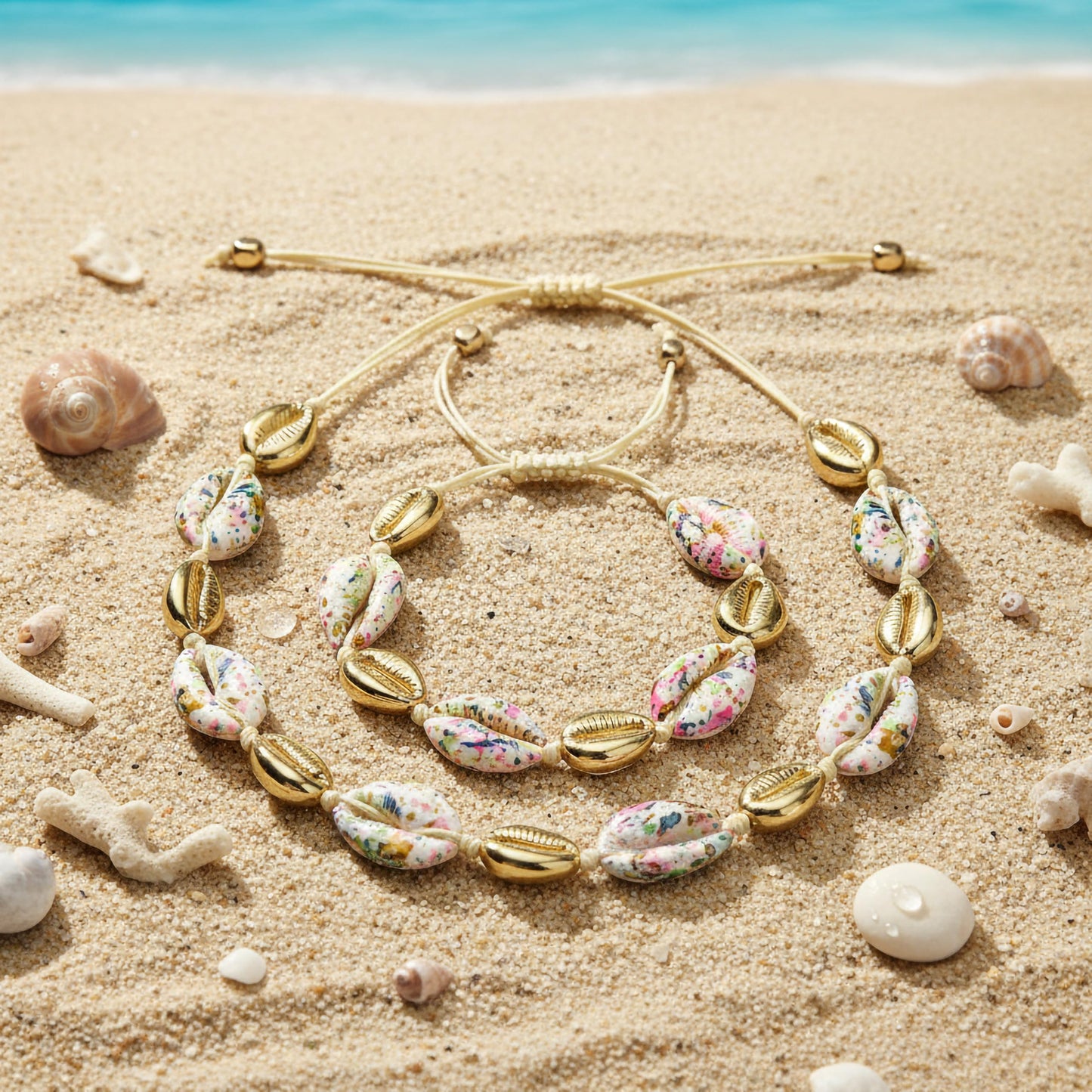 Adjustable cowrie shell jewellery set colorful beads necklace and bracelet for daily wear