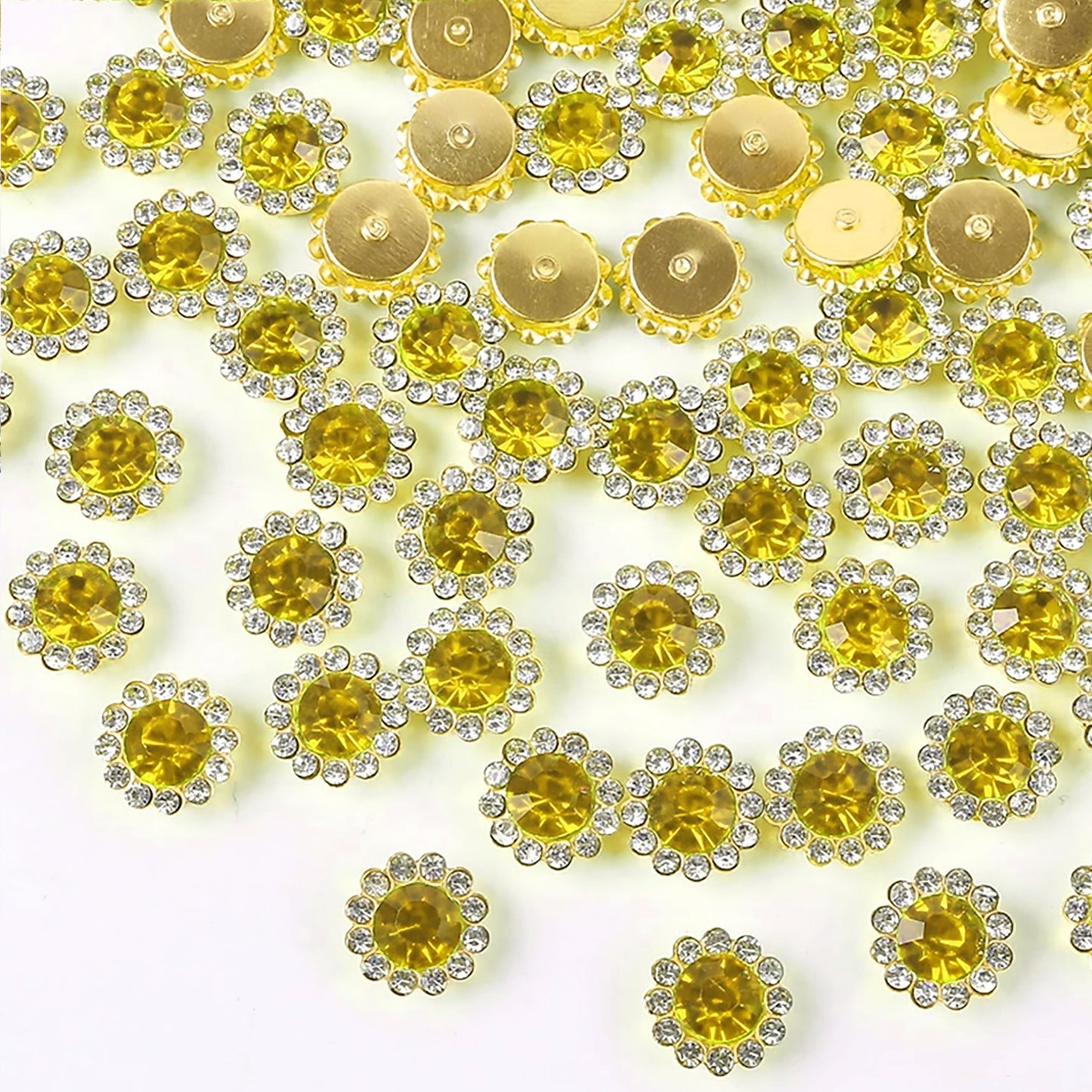 Gold Flower Buttons Box Set for Embroidery and Craft Work Crystal. Main product image showing the full product layout.
