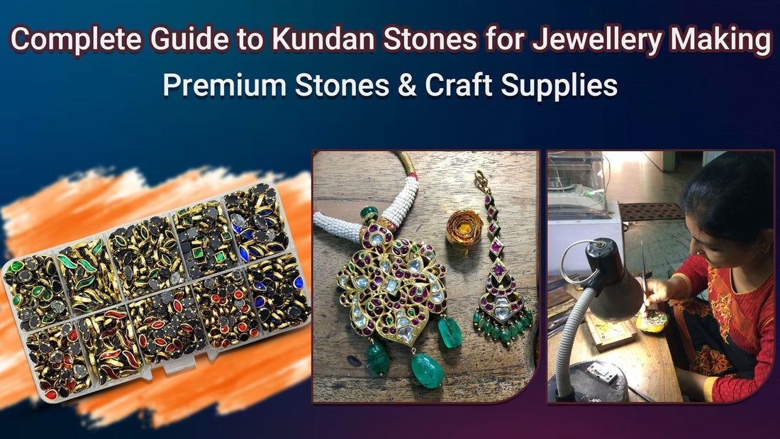 Assorted Kundan stones, handcrafted Kundan jewelry pieces on a table, and an artisan setting stones for jewelry making.