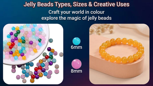 Image showing colorful jelly beads in different sizes and a bracelet made using round jelly beads.