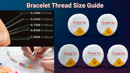 Image showing bracelet thread size guide with different Crystal Tec thread thicknesses from 0.5mm to 1.0mm and a close-up of threading beads.