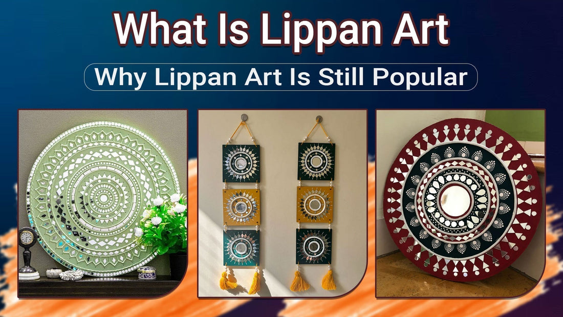 Decorative Lippan art wall pieces with mirror work and traditional geometric designs shown under the title “What is Lippan Art”.
