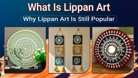 Decorative Lippan art wall pieces with mirror work and traditional geometric designs shown under the title “What is Lippan Art”.