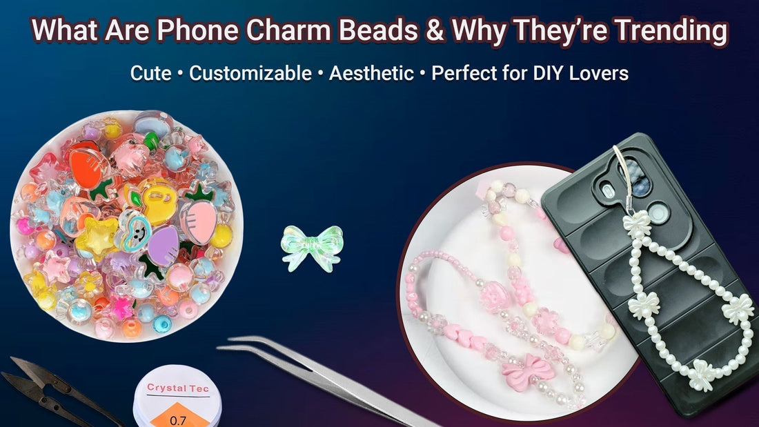 Phone charm beads in different cute shapes and colours shown in a bowl, next to an example of a beaded phone charm attached to a mobile phone.