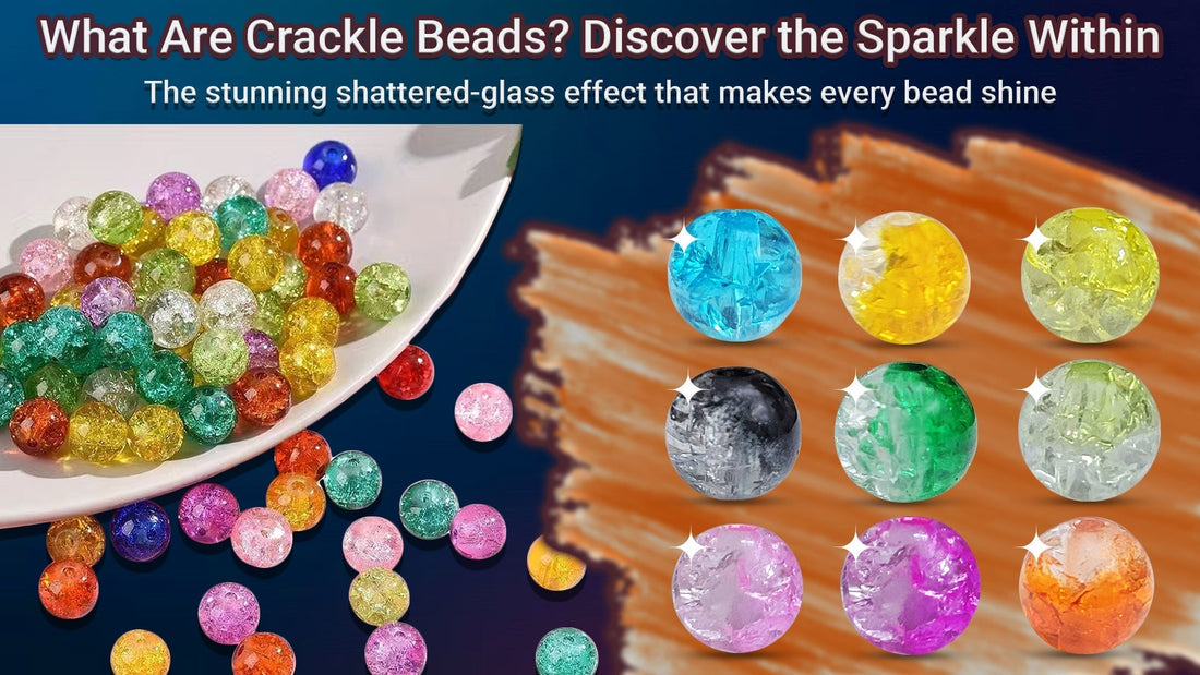 Colorful crackle beads with a shattered-glass effect displayed in a bowl and individually in various vibrant shades.