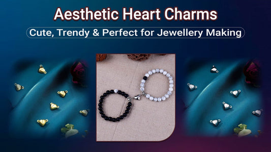 Image showing aesthetic heart charms used in jewellery making, with gold and silver heart connectors placed around two beaded bracelets displayed on fabric and canvas.