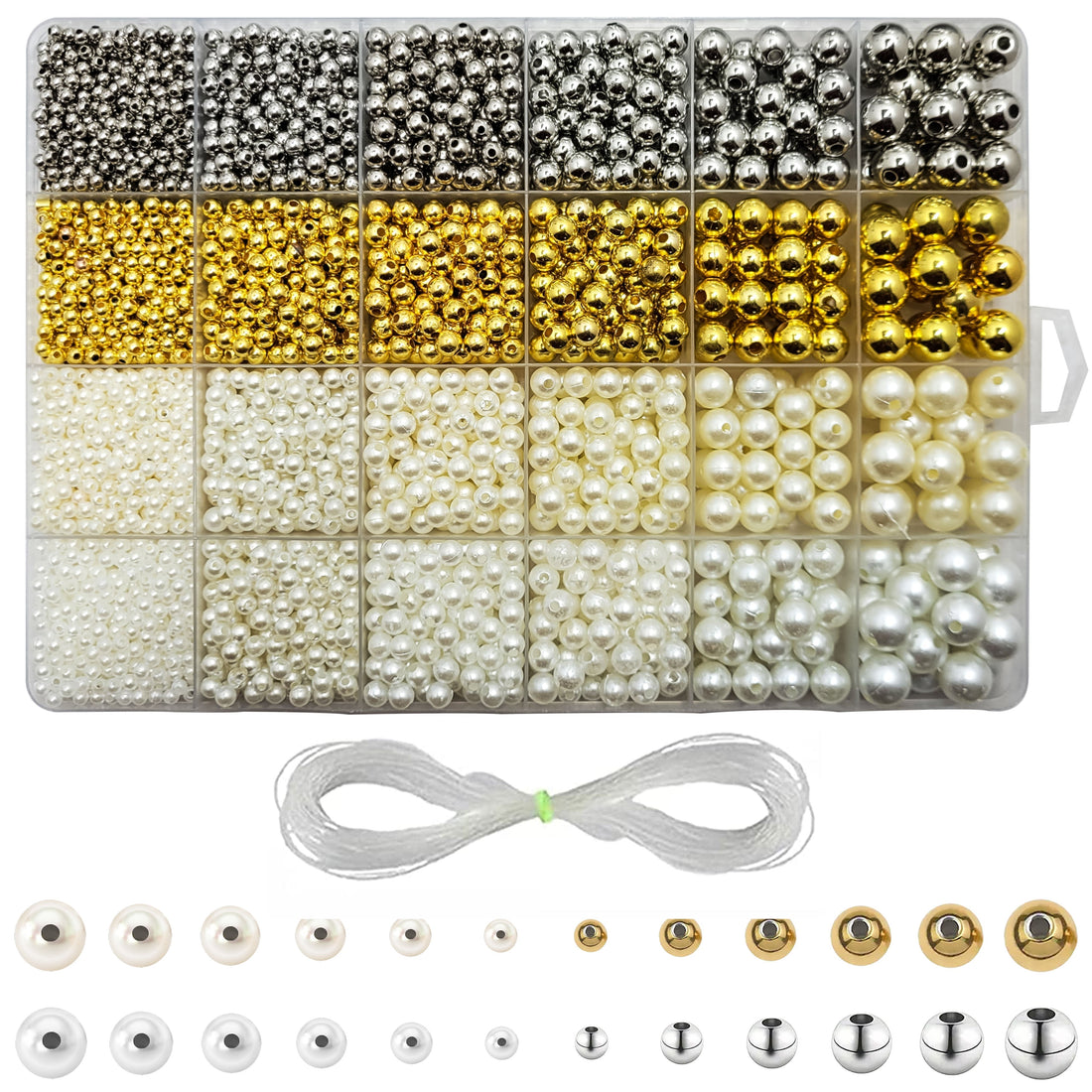 White and golden pearl beads set for jewelry making, aari work, rakhi crafting, and DIY projects, in a handy box.