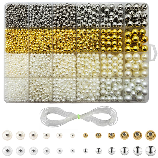 White and golden pearl beads set for jewelry making, aari work, rakhi crafting, and DIY projects, in a handy box.