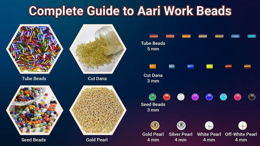 Complete guide to Aari work beads showing tube beads, cut dana, seed beads, and gold pearls with sizes and colourful samples.
