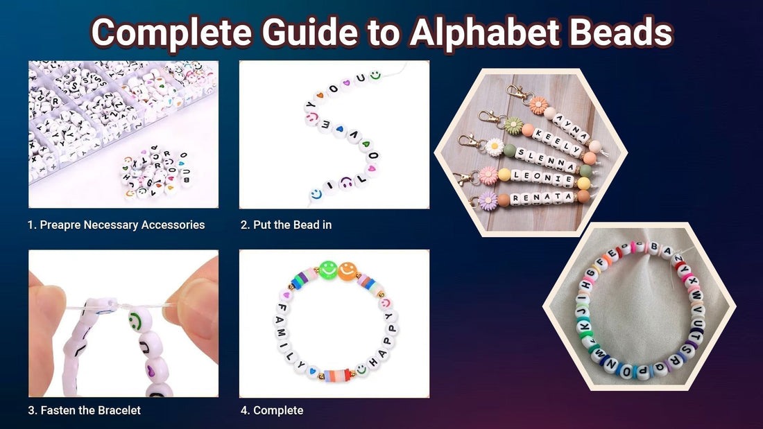 Step-by-step guide showing how to create DIY alphabet bead bracelets using letter beads, colourful spacers, and elastic string.