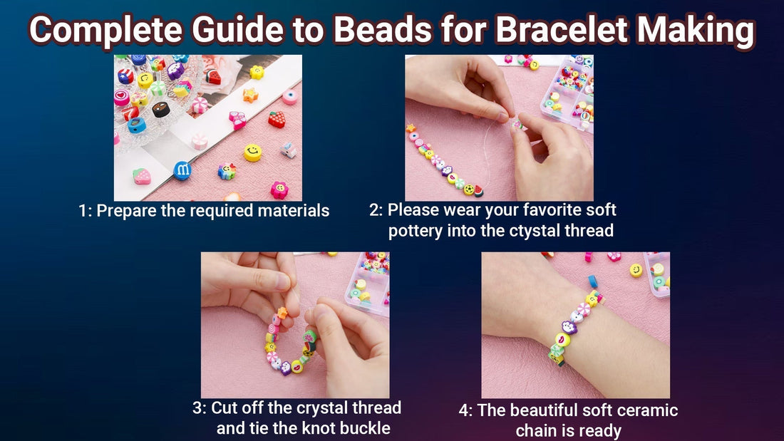Step-by-step guide showing how to make a bracelet with colorful beads: prepare materials, string beads on crystal thread, tie the knot, and wear the finished bracelet.