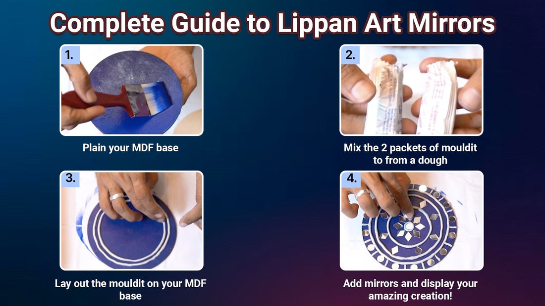 Step-by-step guide to making Lippan art mirrors on an MDF base, showing painting, mixing mouldit clay, applying designs, and adding small mirrors.