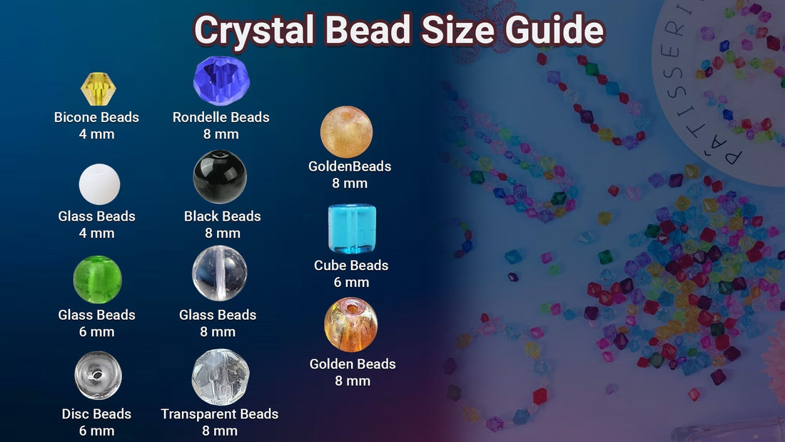 Crystal bead size guide showing different bead types including bicone beads 4mm, round glass beads 4–8mm, rondelle beads 8mm, cube beads 6mm, disc beads 6mm, transparent beads 8mm and golden beads 8mm.