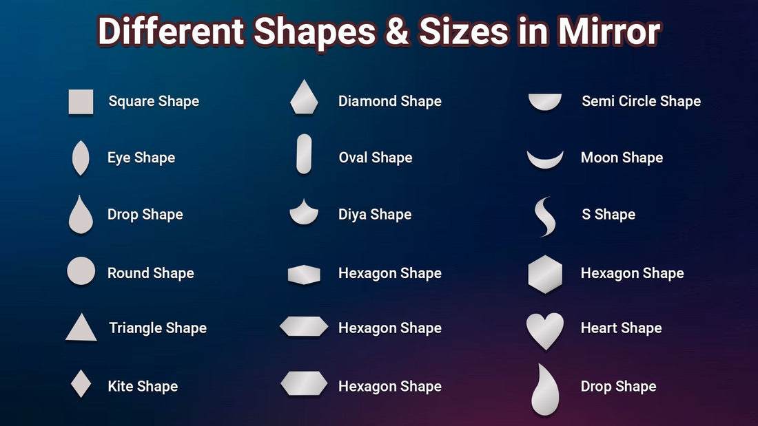 Different mirror shapes including square, round, diamond, hexagon, heart, moon, and diya shapes.