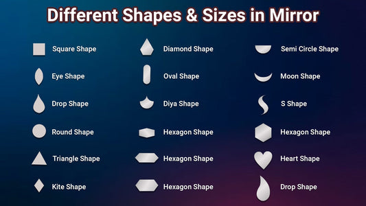 Different mirror shapes including square, round, diamond, hexagon, heart, moon, and diya shapes.