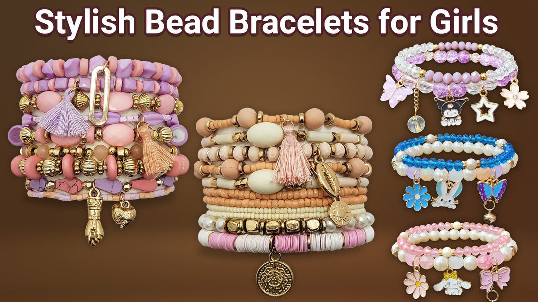 A collection of colorful bead bracelets for girls, featuring pastel beads, tassels, and small decorative charms arranged in stacked designs.