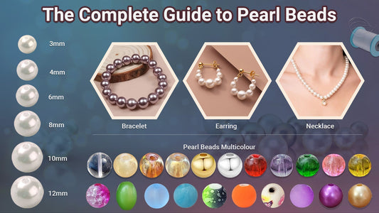 A size guide to pearl beads from 3mm to 12mm with examples of pearl bead bracelet, earrings, necklace, and multicolour pearl bead varieties.