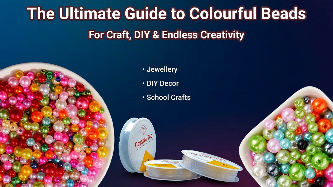 A guide to colourful beads with bowls of mixed beads and crystal thread for jewellery, DIY decor and school crafts.