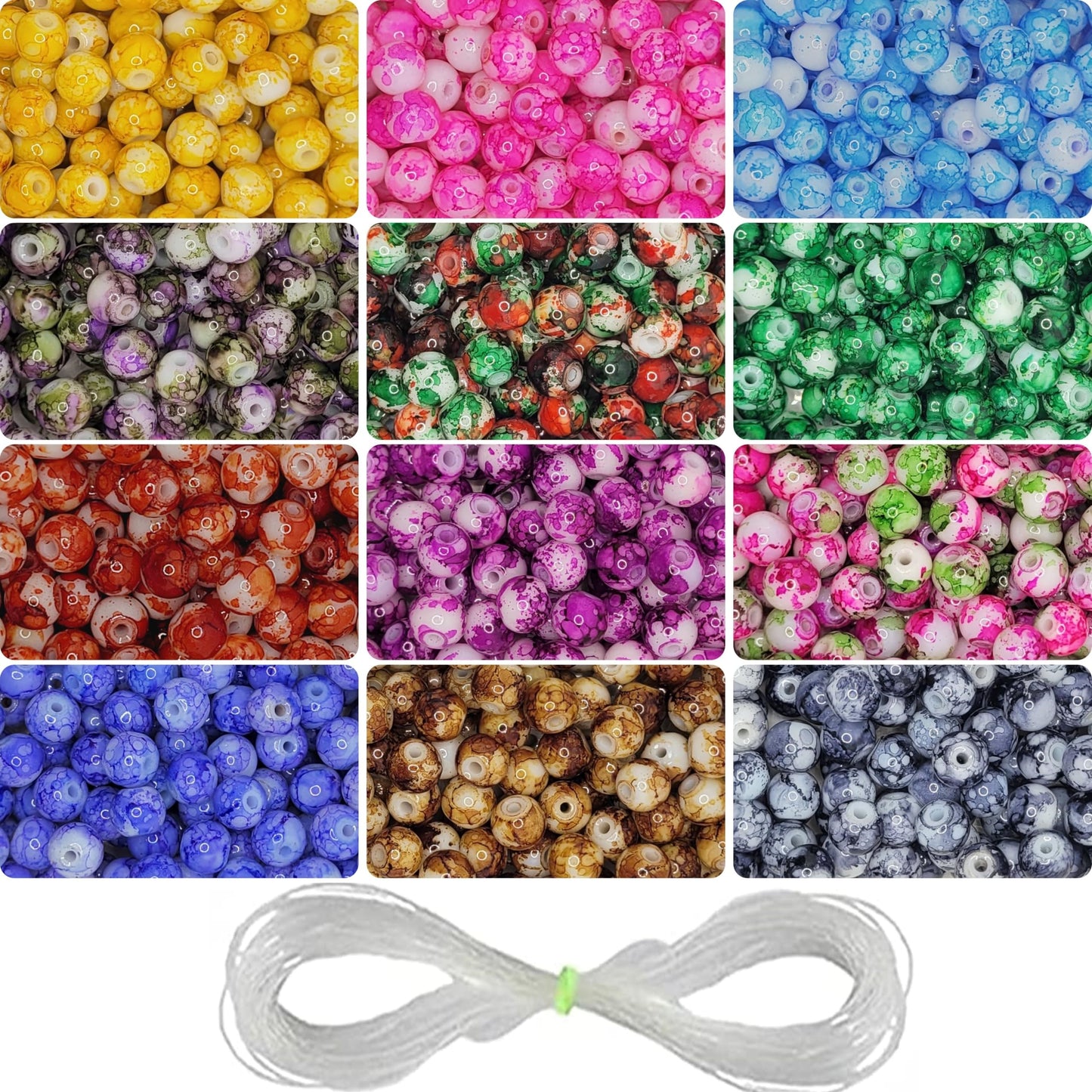 420 Marble Glass Pearl Beads - 8mm Multicolour Set