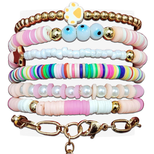 Bohemian Bracelet Set | 7-Piece White-Pink