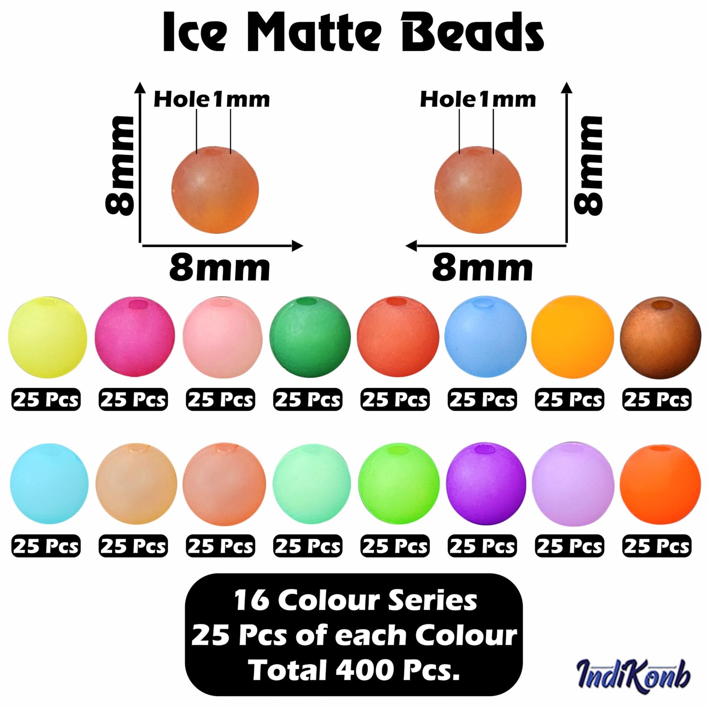 Ice Matte Opaque Beads 8mm - Combo Set of 16 Colors (400 Beads)