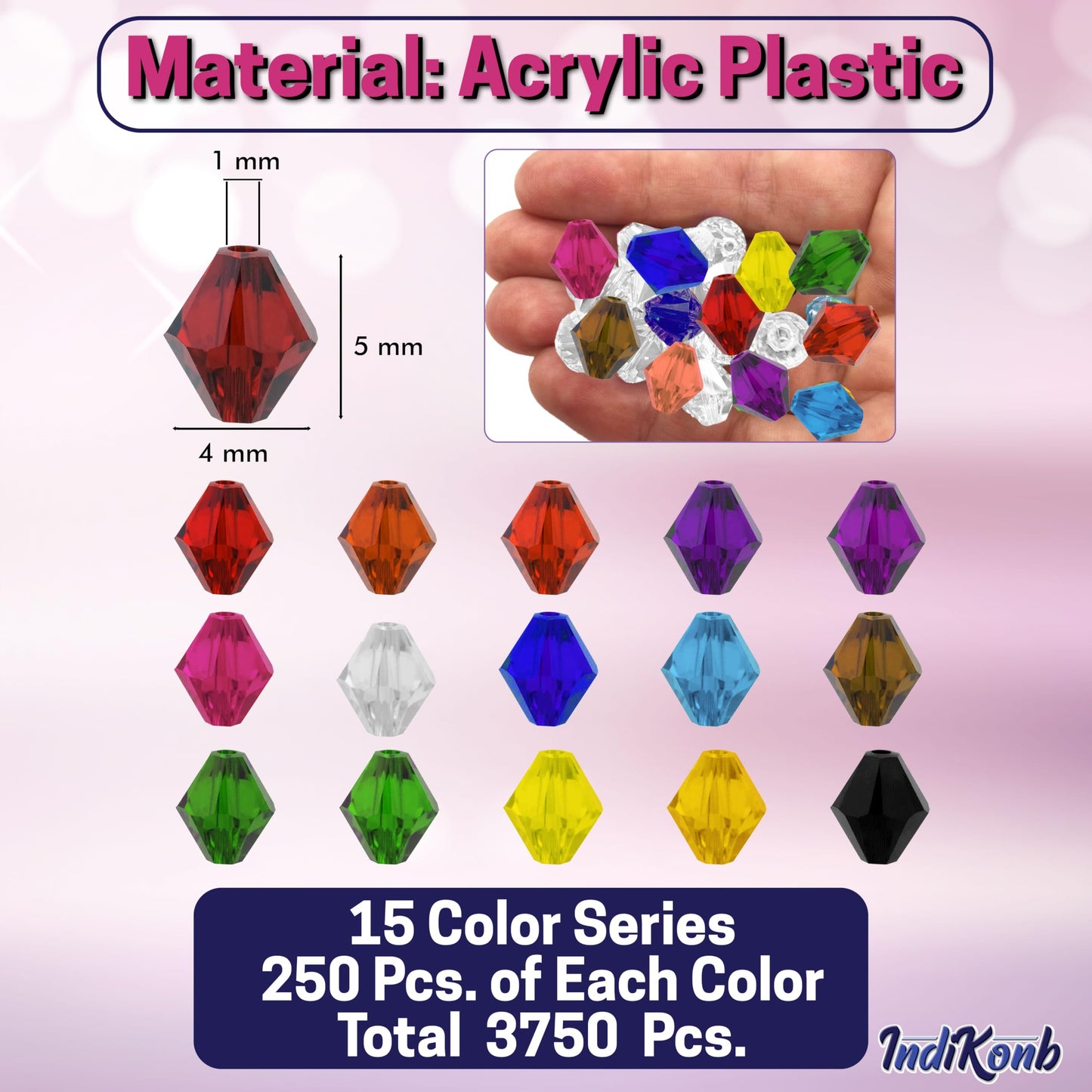 Bicone Acrylic Plastic Crystal Beads - 3750 Pcs in 15 Colors