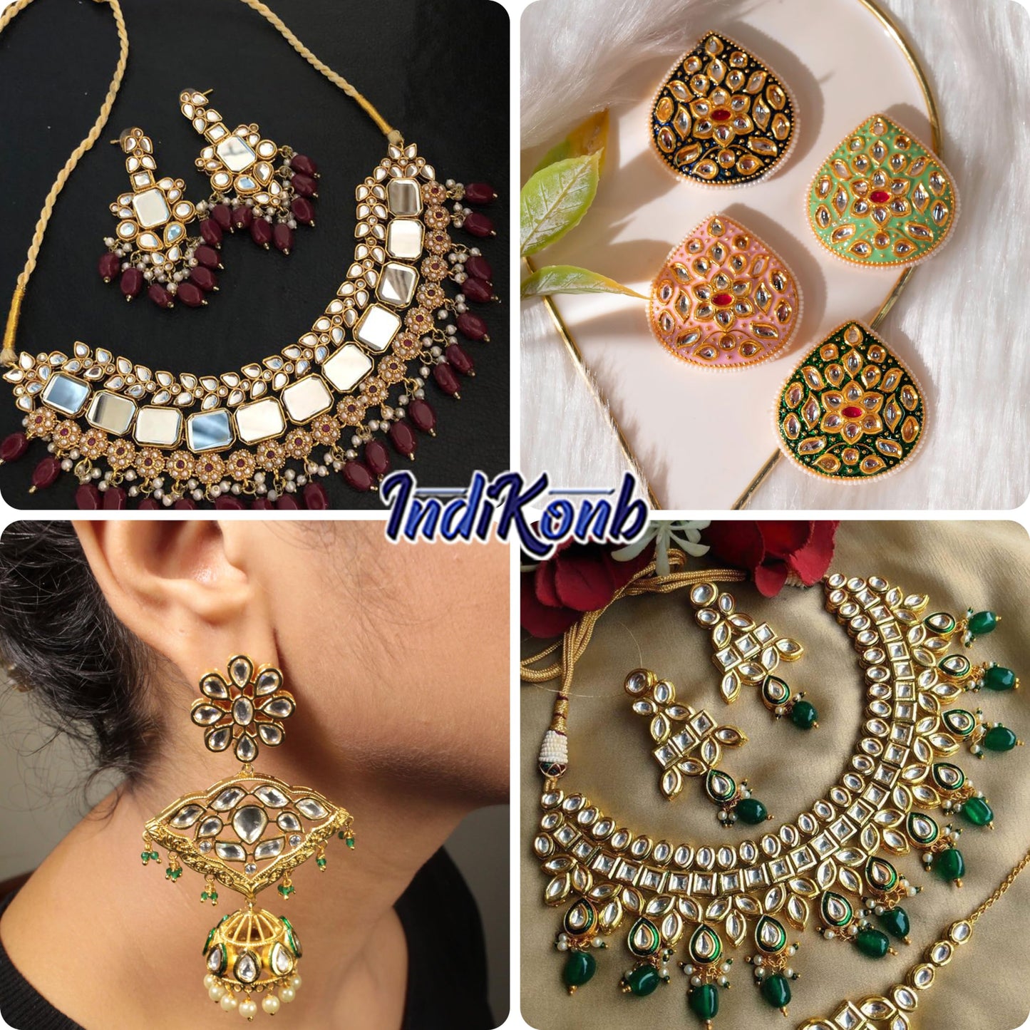 Kundan Stones Set – 9 Assorted Shapes (White & Gold)