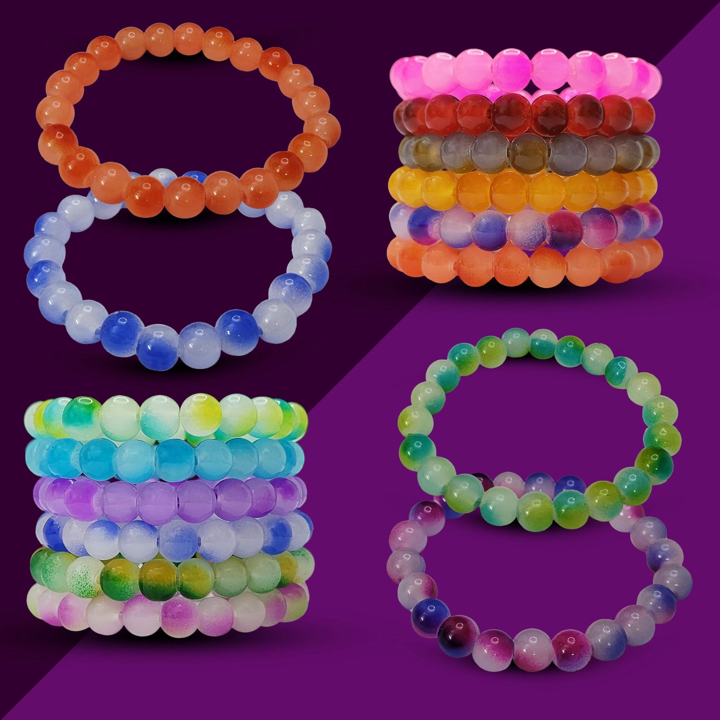 Dual Shade Glass Beads Bracelets - Pack of 12 - Multicolor