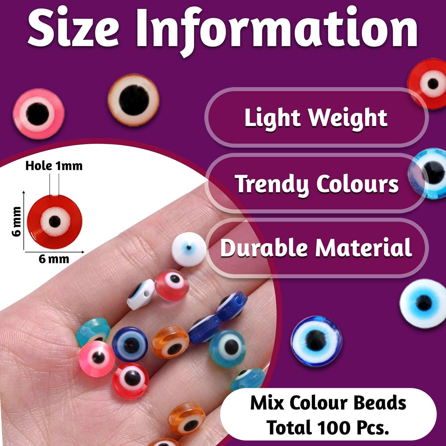 Multicoloured Evil Eye Beads (100 Beads, 6mm & 8mm)