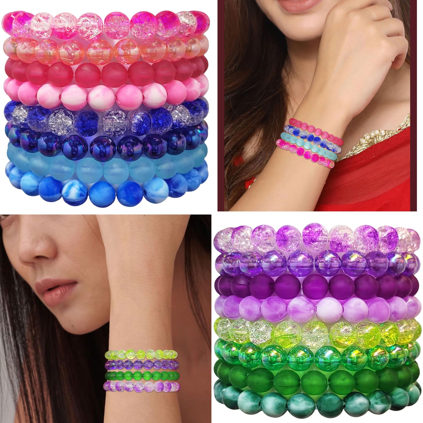 Rainbow Crackle Elastic Multicolor Beads Bracelet Set