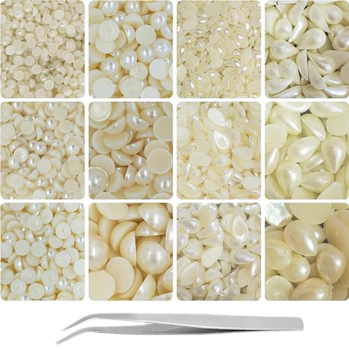 Acrylic Half Cut Round and Tilak Drop Beads for Crafts (Off White Cream Color)