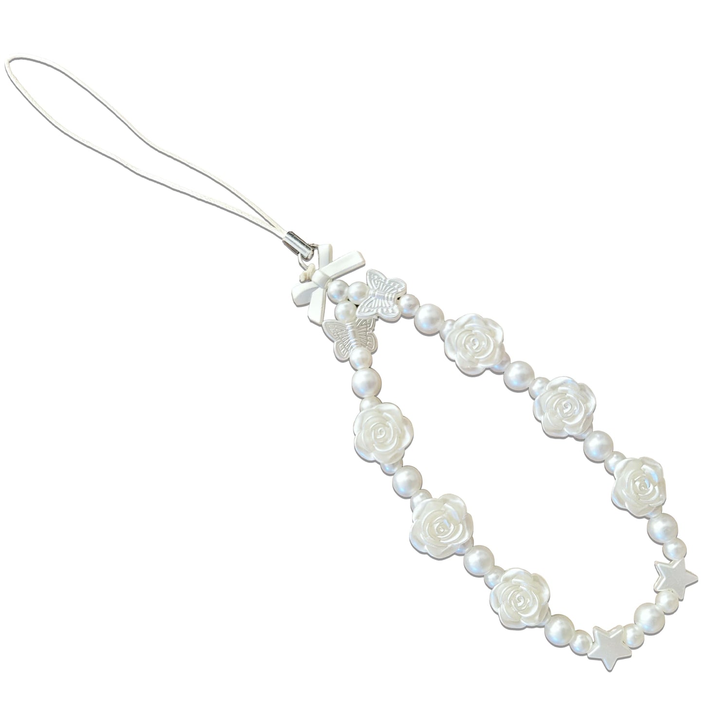 White Cell Phone Mobile Strap with Crystal Beads. Main product image showing the full assortment for jewelry making and craft work.