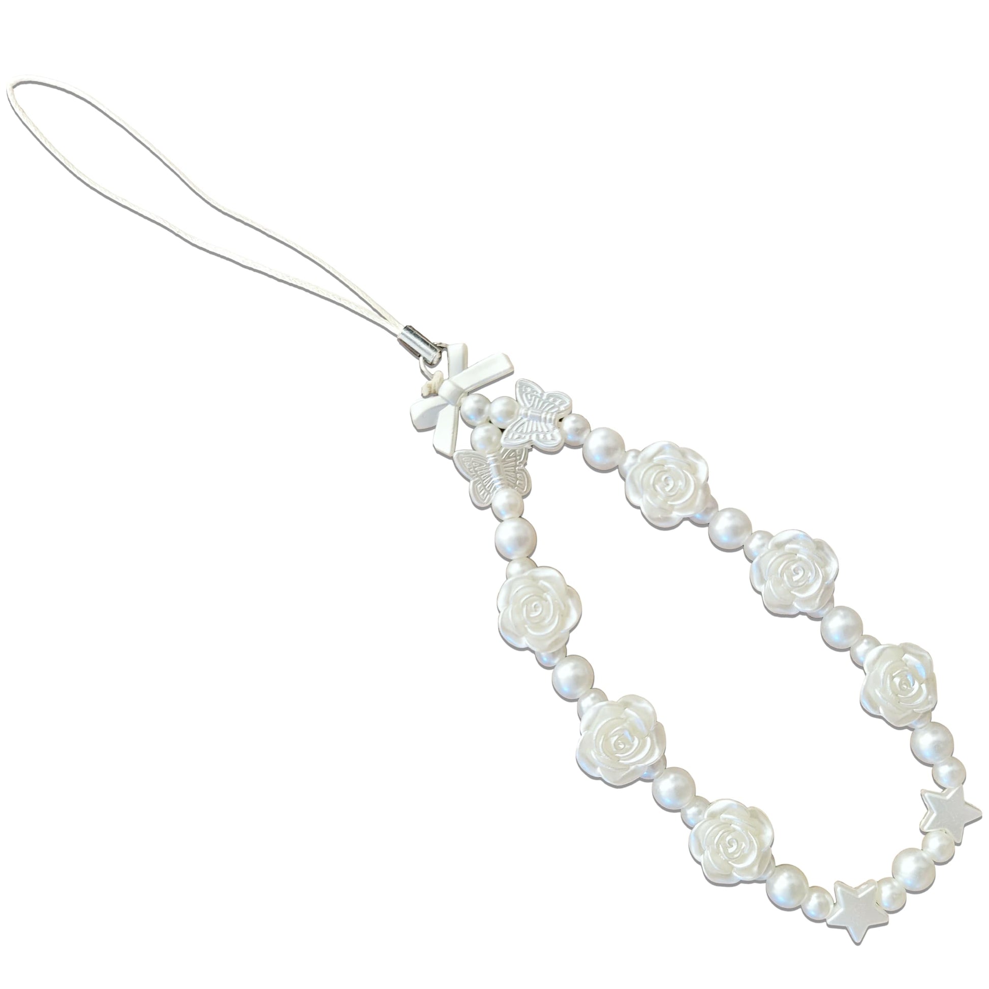 White Cell Phone Mobile Strap with Crystal Beads. Main product image showing the full assortment for jewelry making and craft work.