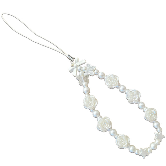 White Cell Phone Mobile Strap with Crystal Beads. Main product image showing the full assortment for jewelry making and craft work.