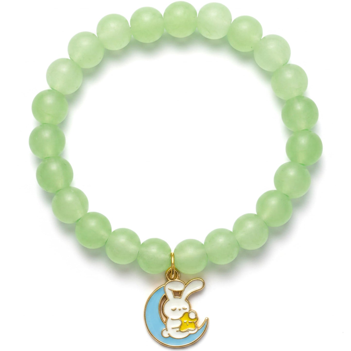 Add a sweet handmade touch to wrist styling with a green beaded elastic bracelet.