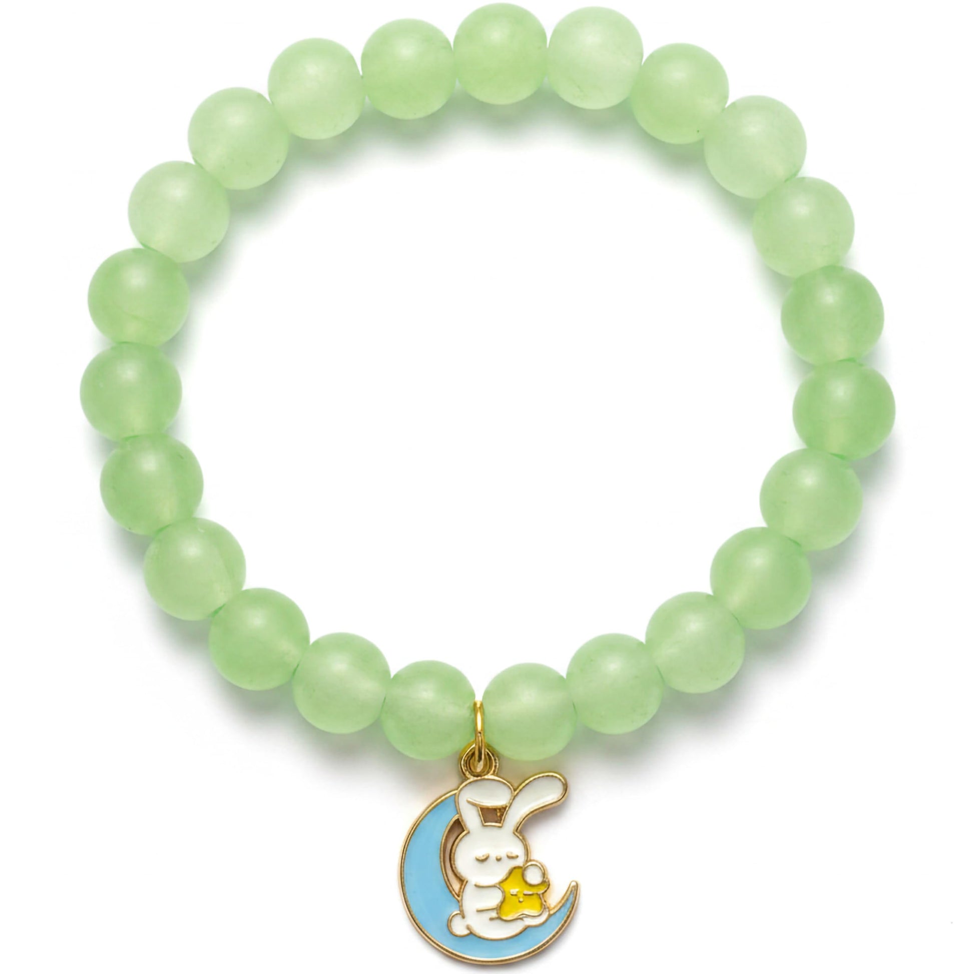 Add a sweet handmade touch to wrist styling with a green beaded elastic bracelet.