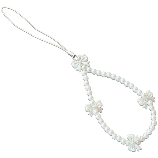 White Cell Phone Mobile Strap with Crystal Beads and Pearls. Main product image showing the full assortment for jewelry making and craft work.