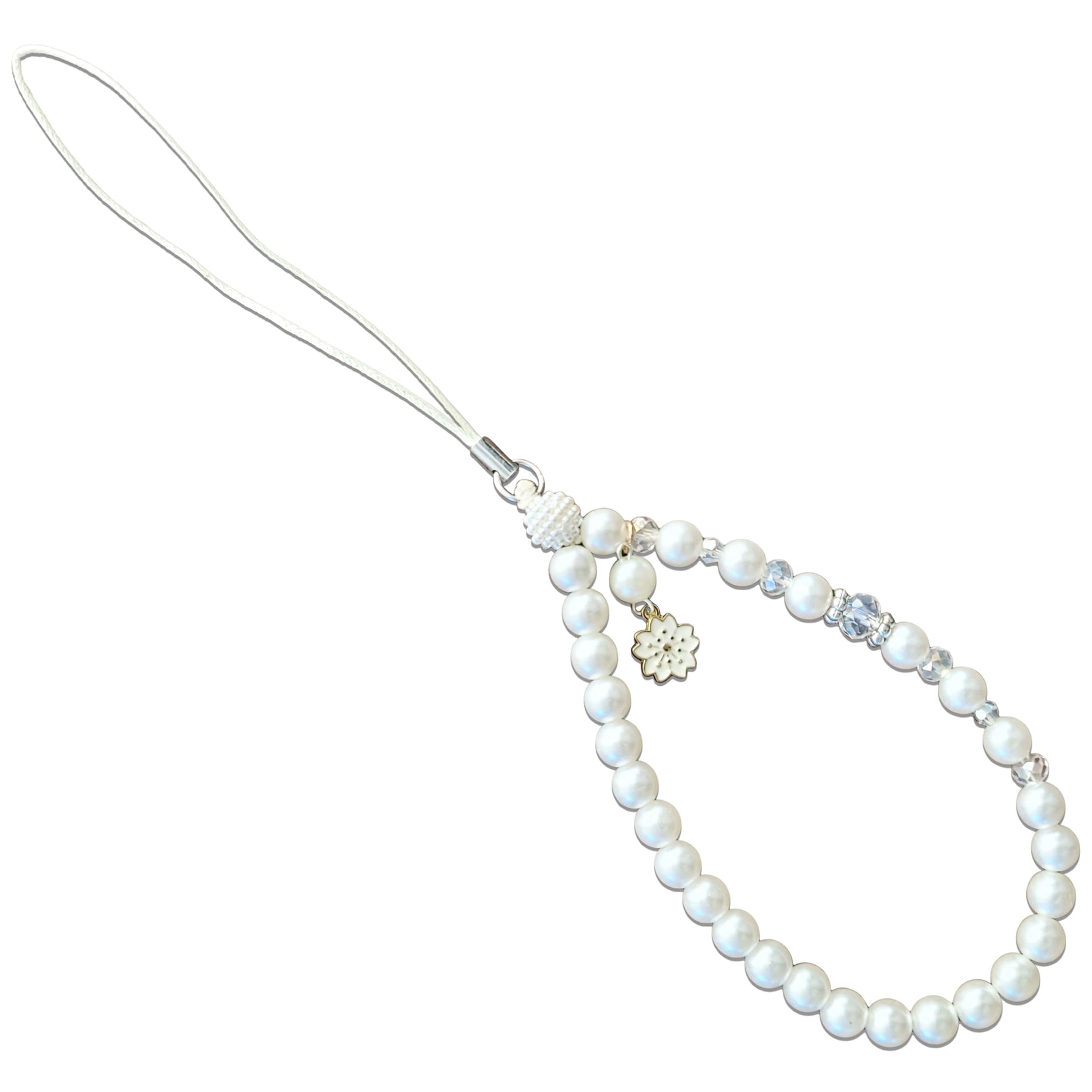 White Cell Phone Mobile Strap with Crystal Beads. Main product image showing the full assortment for jewelry making and craft work.