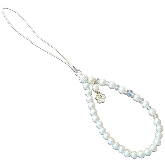 White Cell Phone Mobile Strap with Crystal Beads. Main product image showing the full assortment for jewelry making and craft work.