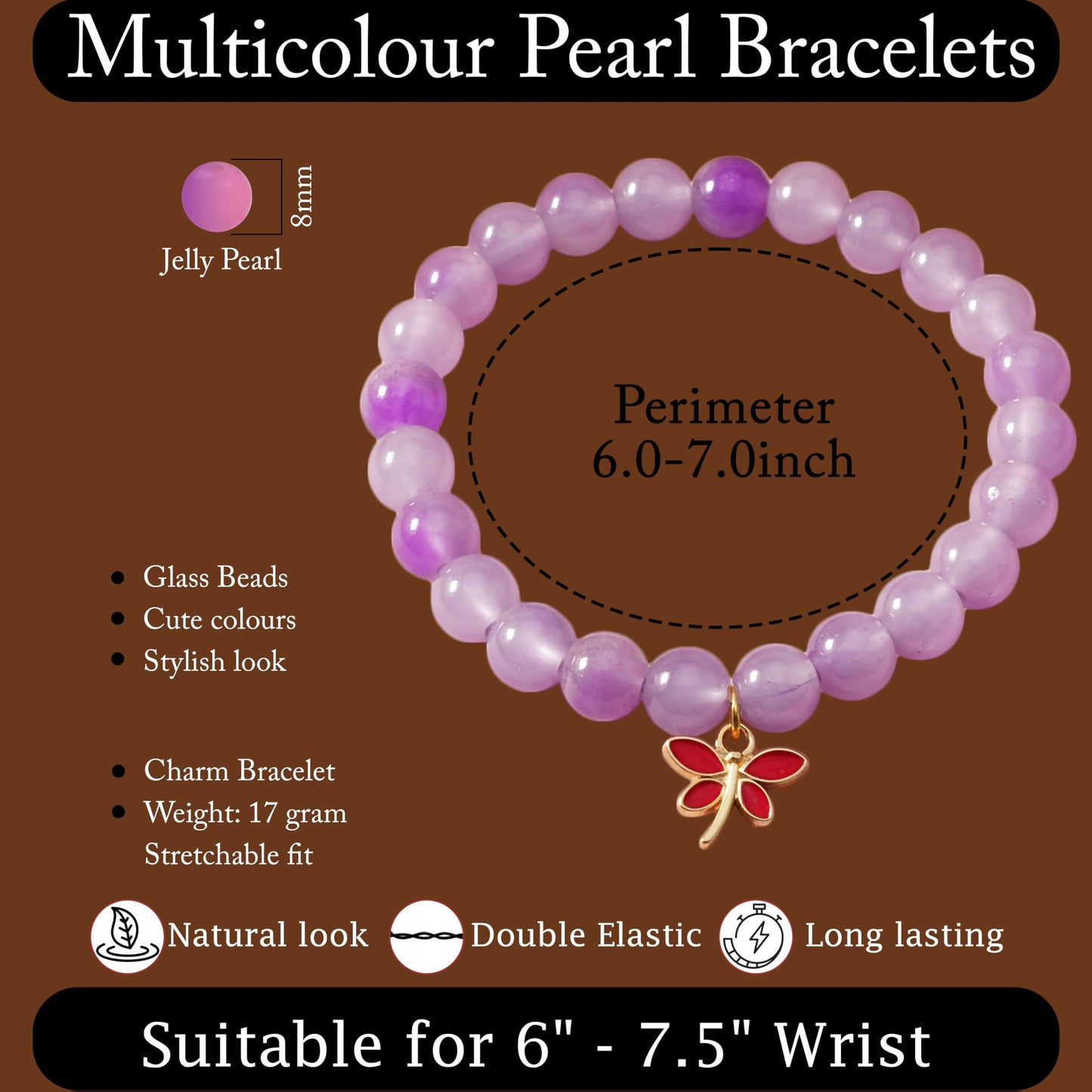 Gift a fun handmade-style bracelet with lavender beads, charms and easy elastic wear.