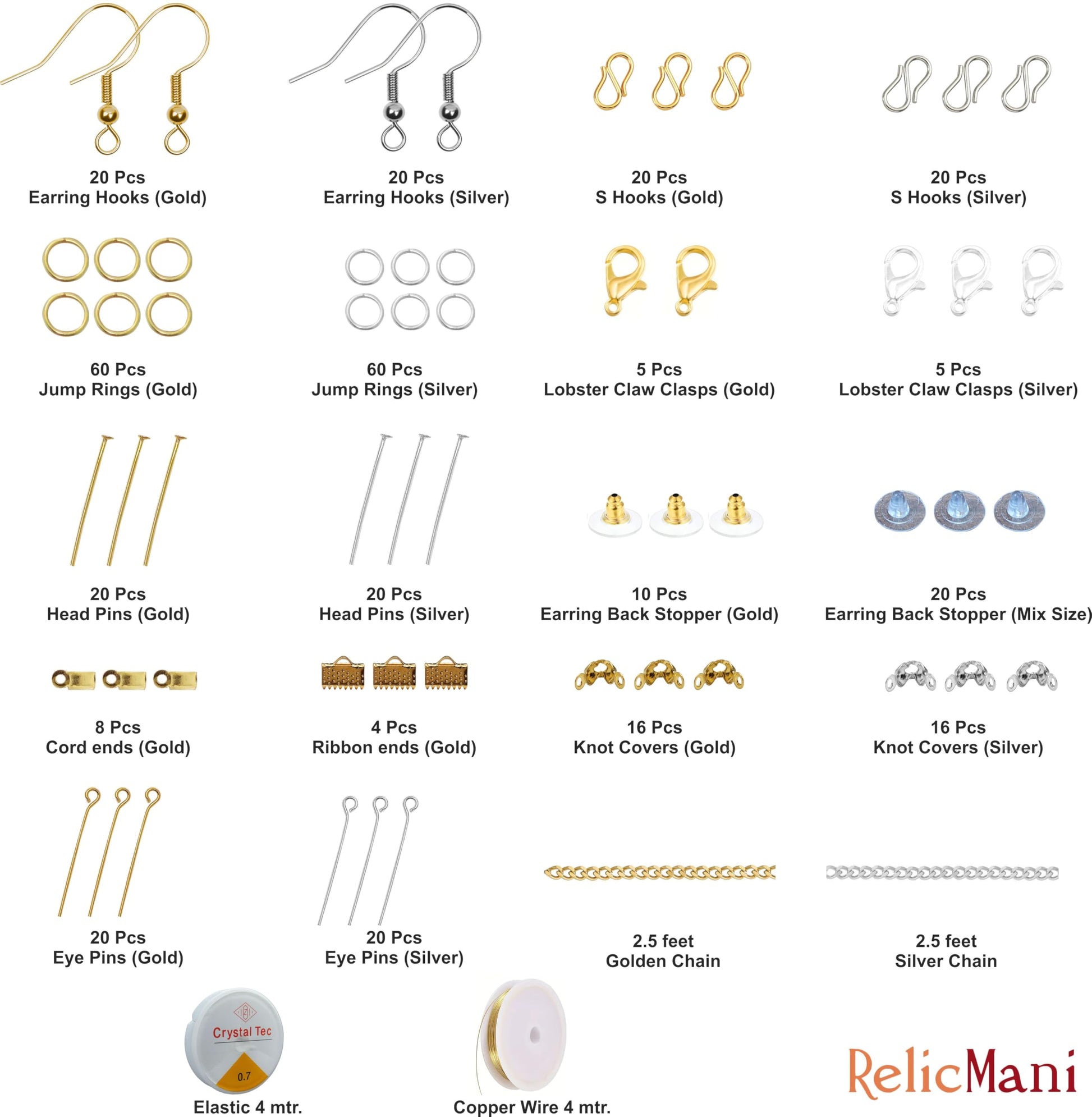 Jewellery Making Kit with Chain Hooks Jump Rings Pins Clasps Silver and Gold image 2