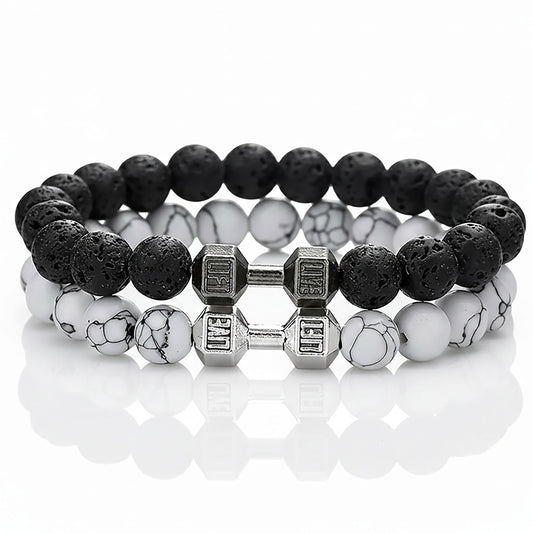 Dumbbell Bracelet for Men Black and White Combo, Gym product image