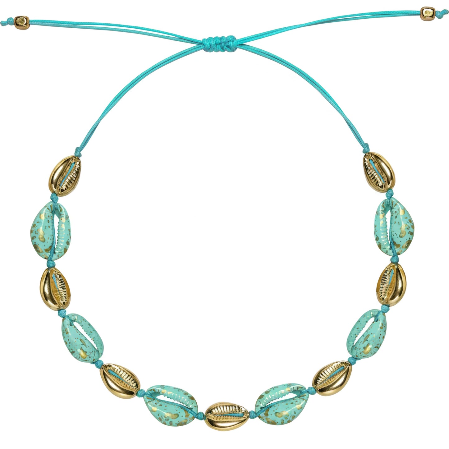 Turquoise shell bracelet with gold cowrie charms adjustable cord